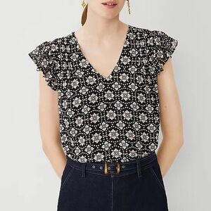 Ann Taylor Geo Ruffle Pintucked V-Neck Top